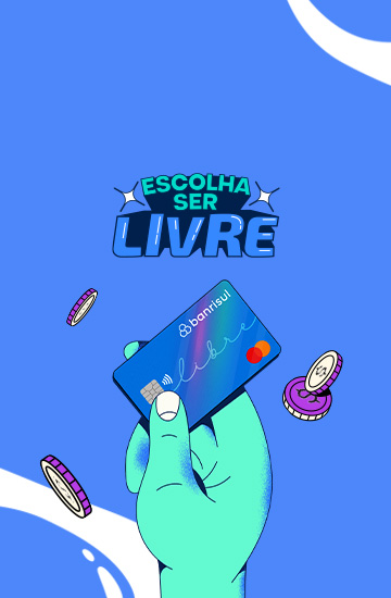 Desenho de uma mo segurando um carto Libre, com moedas voando ao redor.