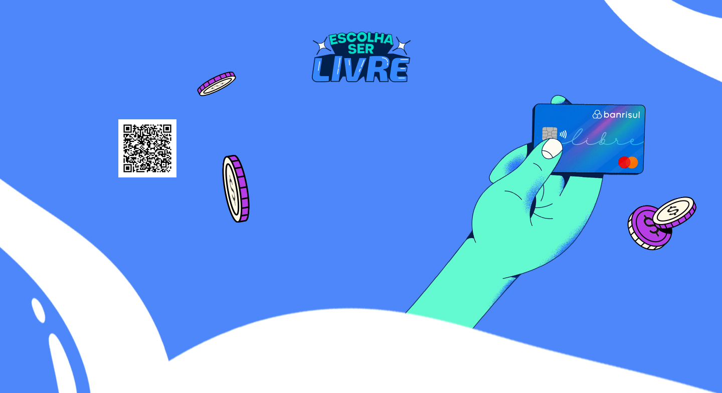 Desenho de uma mo segurando um carto Libre, com moedas voando ao redor, e um QR Code, em cima de um fundo azul.