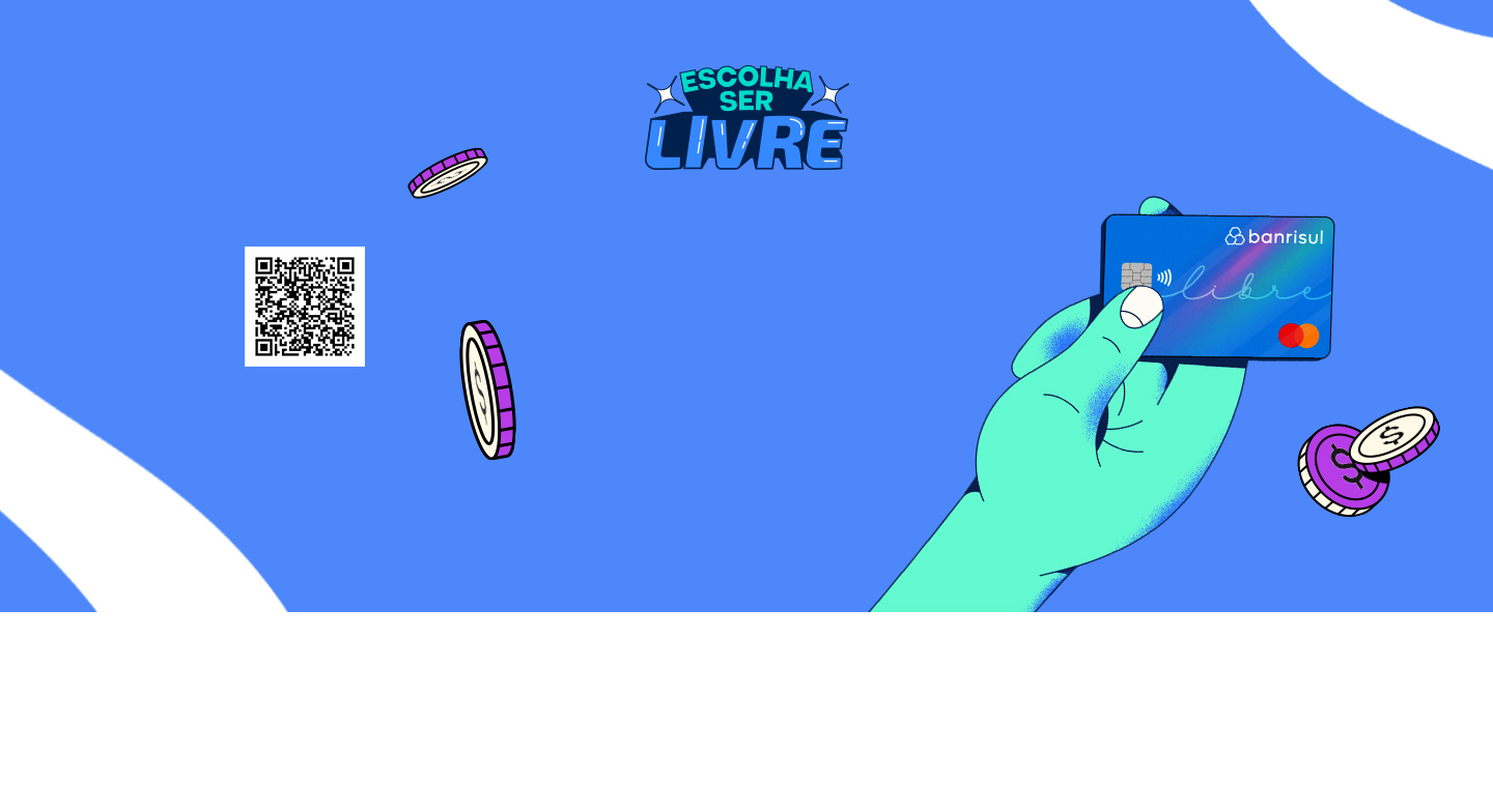 Desenho de uma mo segurando um carto Libre, com moedas voando ao redor, e um QR Code, em cima de um fundo azul.