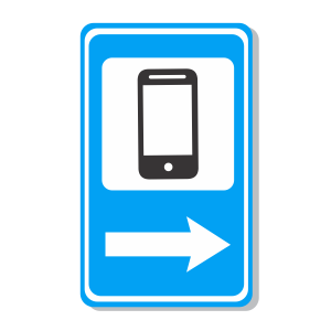 icone representando placa de trnsito azul com o smbolo de um telefone e uma seta apontando para a direita